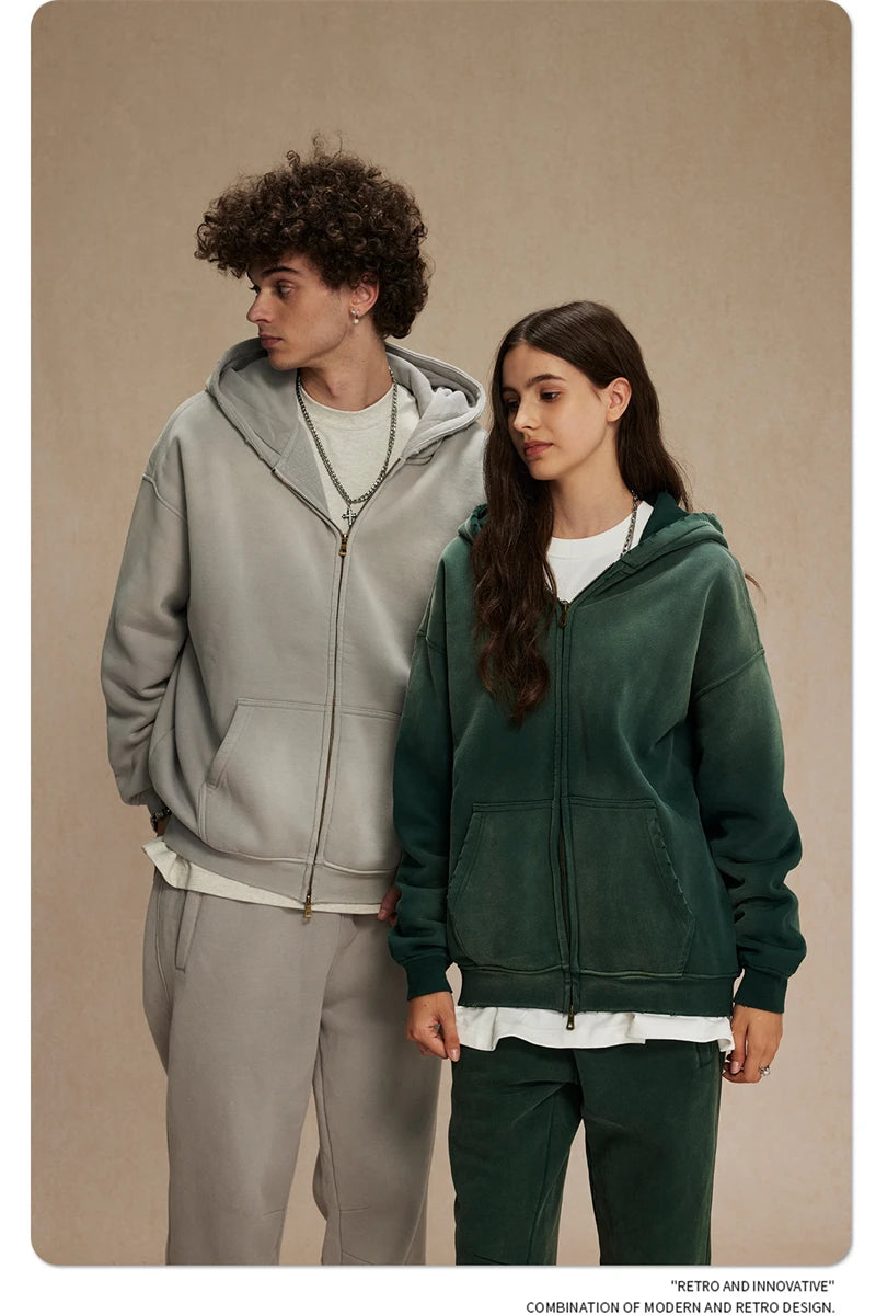 ZODF Retro Winter Men Spray-Dyed Zipper Hoodies Unisex Loose 360gsm Zipper Fleece Hooded Sweatshirt Pullovers Coats HY0719