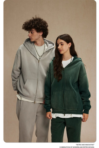 ZODF Retro Winter Men Spray-Dyed Zipper Hoodies Unisex Loose 360gsm Zipper Fleece Hooded Sweatshirt Pullovers Coats HY0719