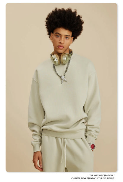 ZODF New Men Winter 355gsm Washed Fleece Sweatshirts Retro Unisex Oversized Solid O-Neck Warm Pullovers Coat Streetwears HY0639