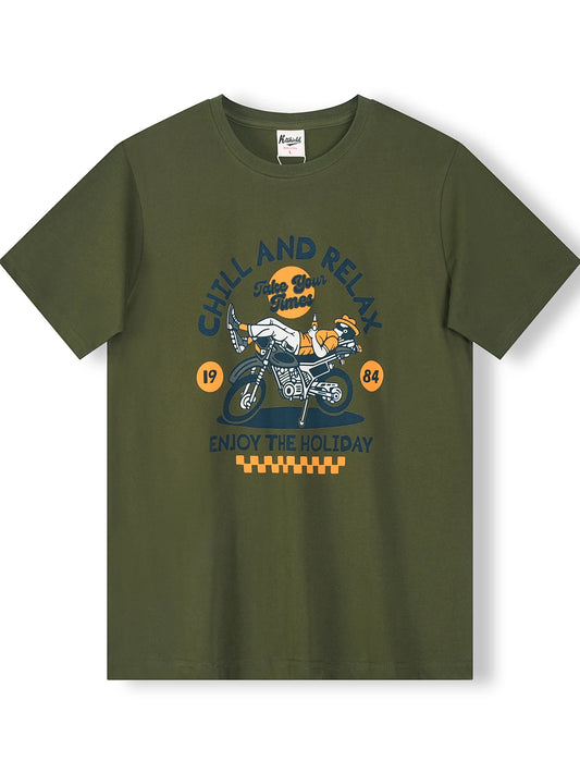 Summer New American Retro Short-sleeved O-neck Motorcycle Printed T-shirt Men's Fashion 100% Cotton Washed Casual Sport Tops