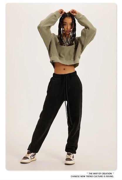 ZODF Winter Women Short Fleece Cropped Sweatshirts Girls Female Hip Hop Loose 400gsm V-Neck Pullovers Brand Tops HY0437