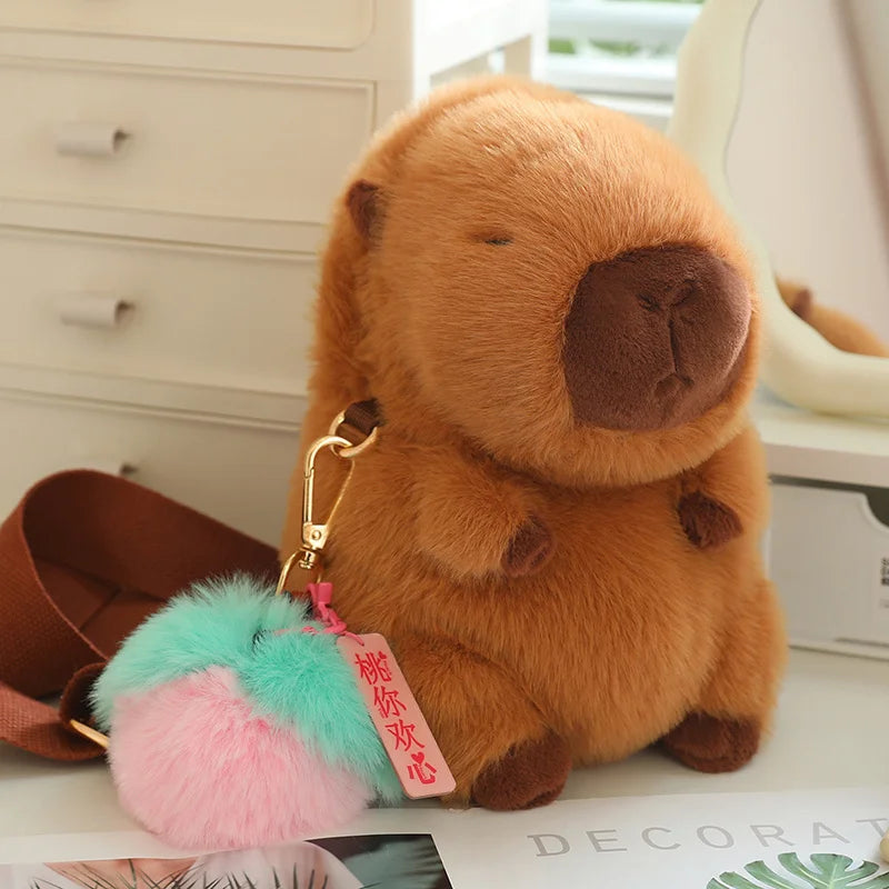 High Quality Fluffy Capybara Plush Bag Furry Stuffed Animal Capybara Soft Shoulder Bag with Cute Fruit Charm Decor for Girl