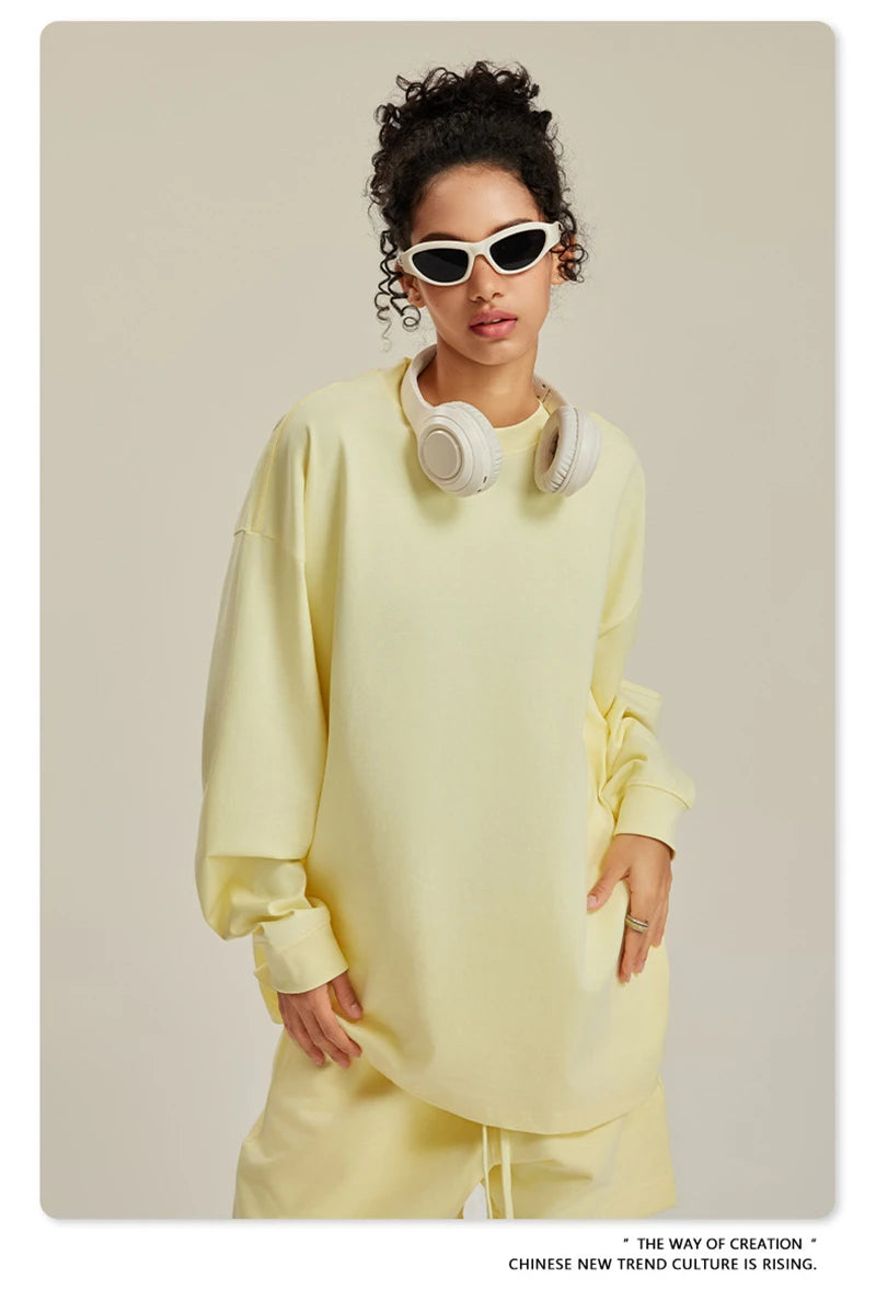 ZODF NEW Autumn Men's Solid Full Sleeve T Shirts Unisex Loose Oversized Casual 305GSM Cotton Basic T-Shirt Brand TEE HY0209