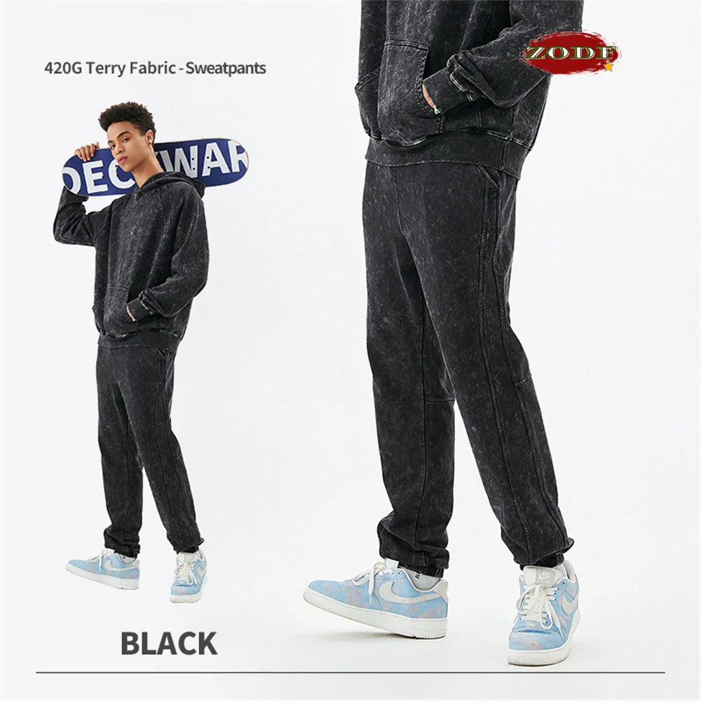 ZODF New Autumn Winter Batik Washed Cotton Sweatpants For Men Unisex Distressed Patchwork Loose 420gsm Sport Jogger Pants HY0724