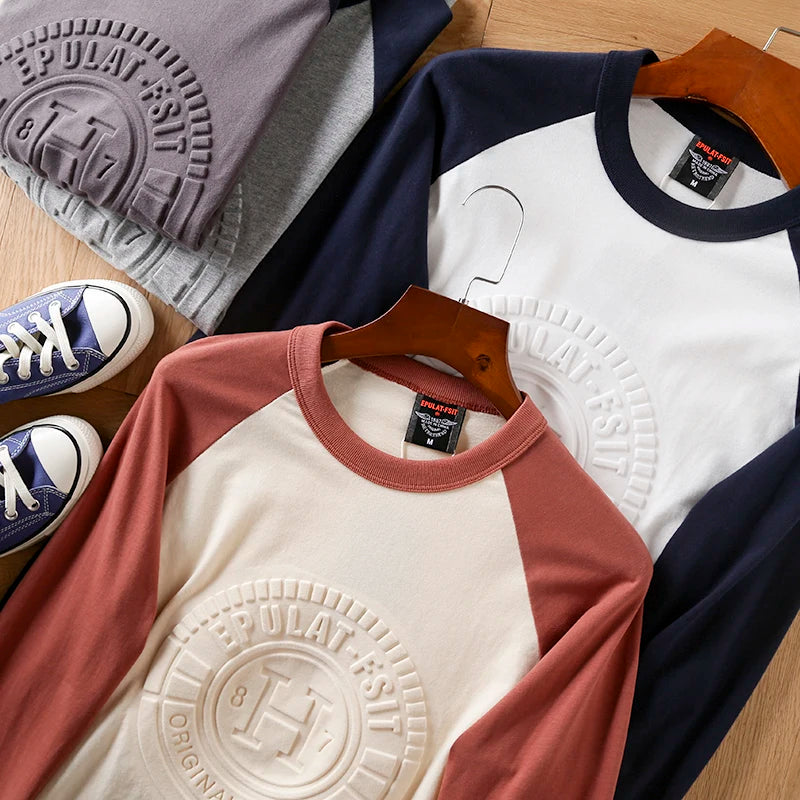 Summer New American Retro Long-sleeved O-neck 3D Letter Printed T-shirt Men's Fashion Simple 100%Cotton Washed Casual Sport Tops