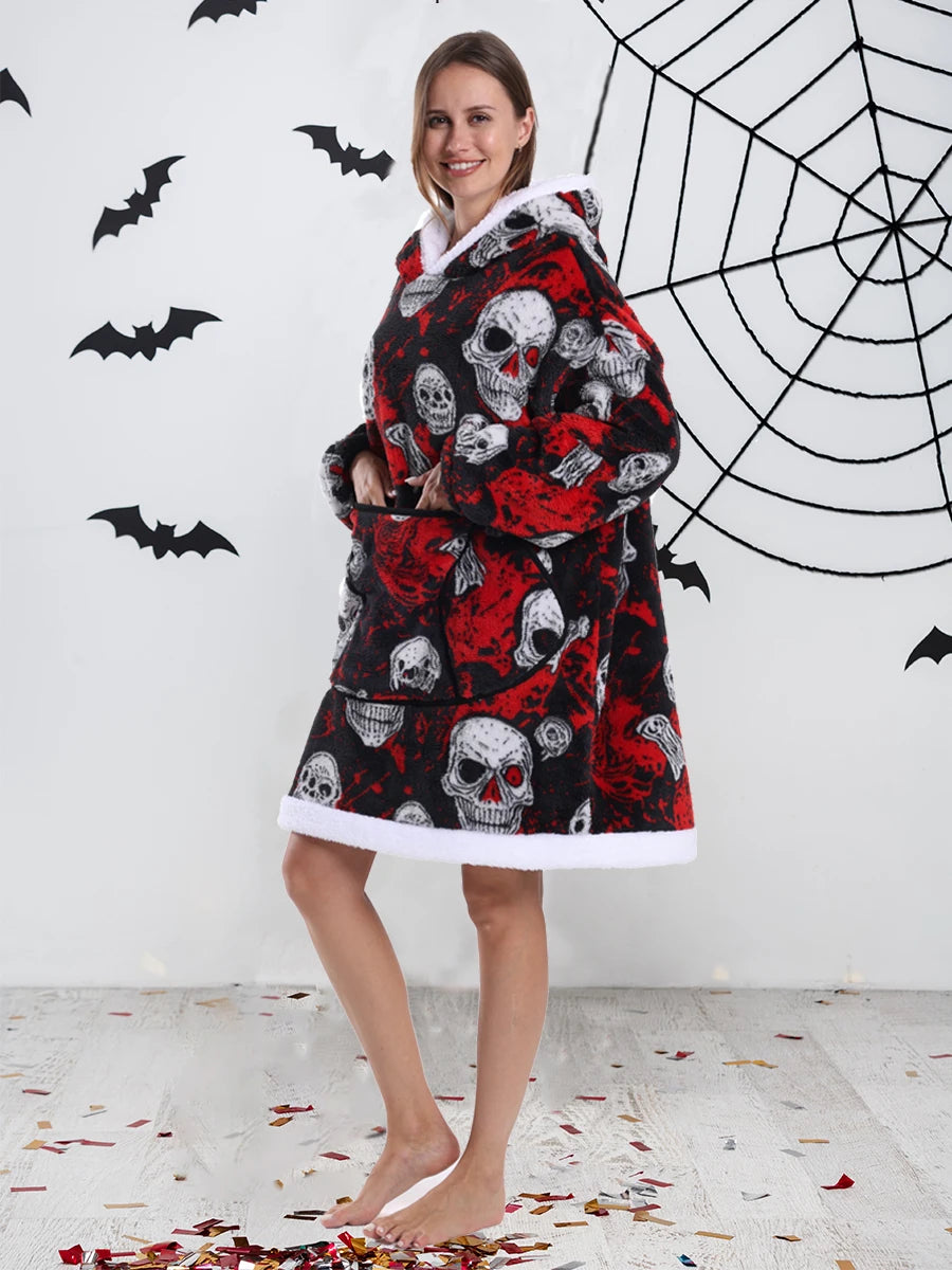 Short/Long Hoodie Blanket for Adults Winter Soft Thicken Warm Wearable Blanket Hoodie with Sleeves Halloween Pajamas for Couples