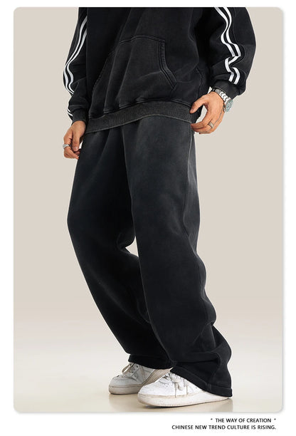 ZODF Retro Winter Monkey Washed Fleece Pants For Men Unisex Washed High Street 332gsm Warm Oversized Straight Trousers HY0892