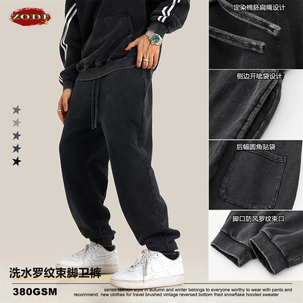 ZODF Retro Men Washed 380gsm 100% Cotton Sweatpant Unisex Loose Sport Solid Joggers Pants For Spring Autumn  HY0901