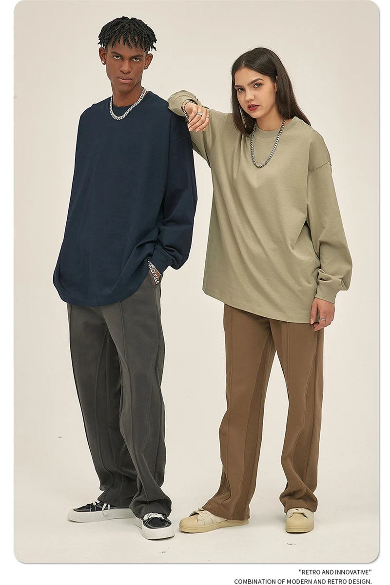 ZODF New 2025 Autumn Men 305gsm 100% Cotton T Shirt Unisex Loose Heavy Weight Basic Long Sleeve Solid T-Shirts Tops HY0634