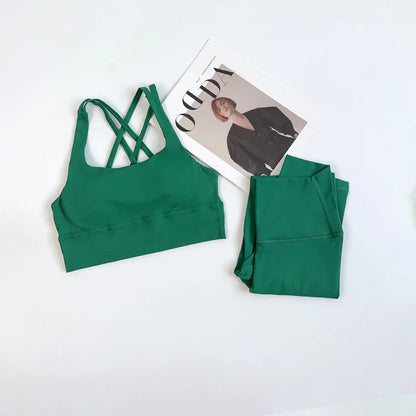 2 Pieces Yoga Set Women Gym Set Workout Clothes Sports Suits High Waist Leggings Cross Straps Fitness Bra Top Running Tracksuit