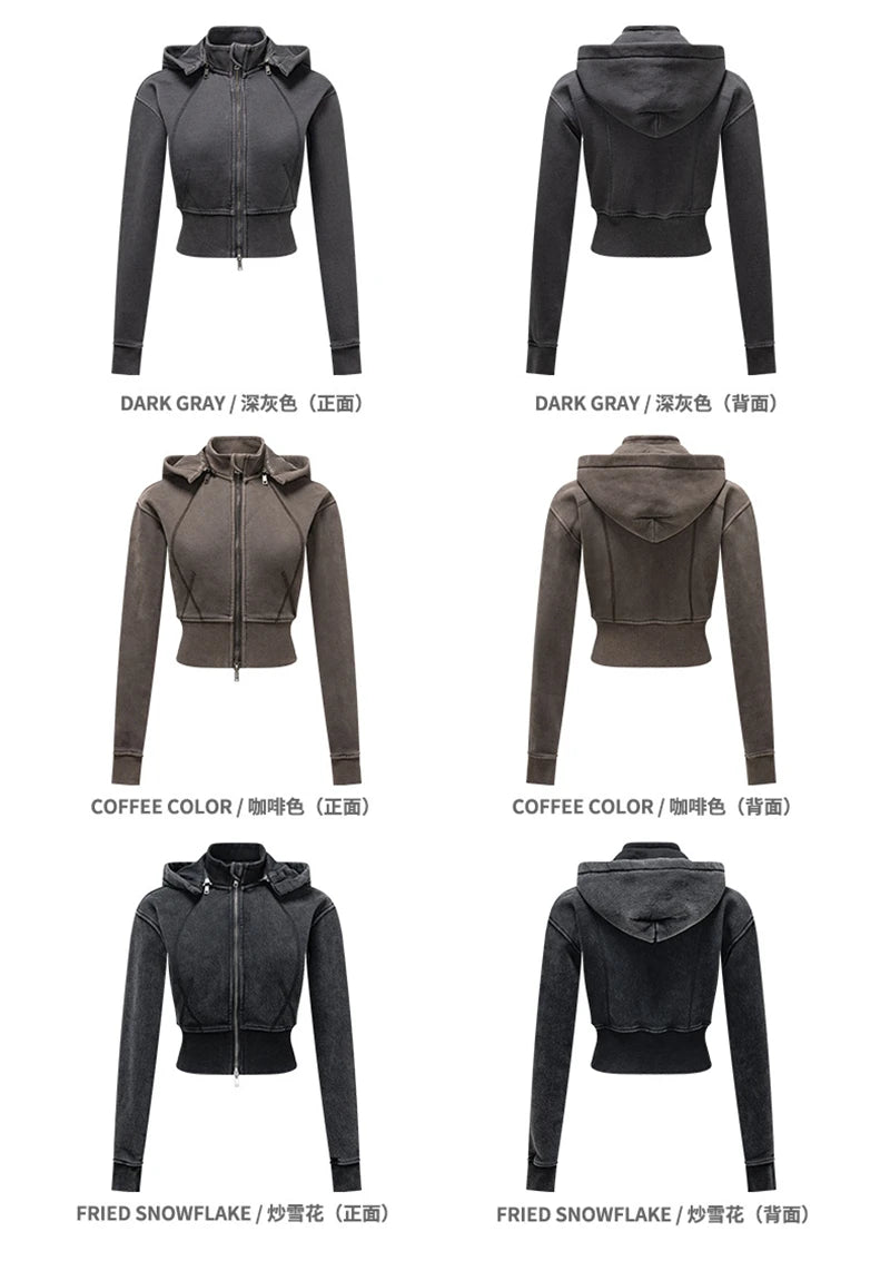 ZODF Vintage 2025 Winter Batik Washed Crop Hoodies Female Girls Remove Hood Heavy Weight Sport 400gsm Hooded Coat HY1085