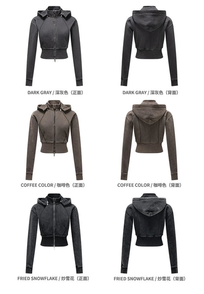 ZODF Vintage 2025 Winter Batik Washed Crop Hoodies Female Girls Remove Hood Heavy Weight Sport 400gsm Hooded Coat HY1085