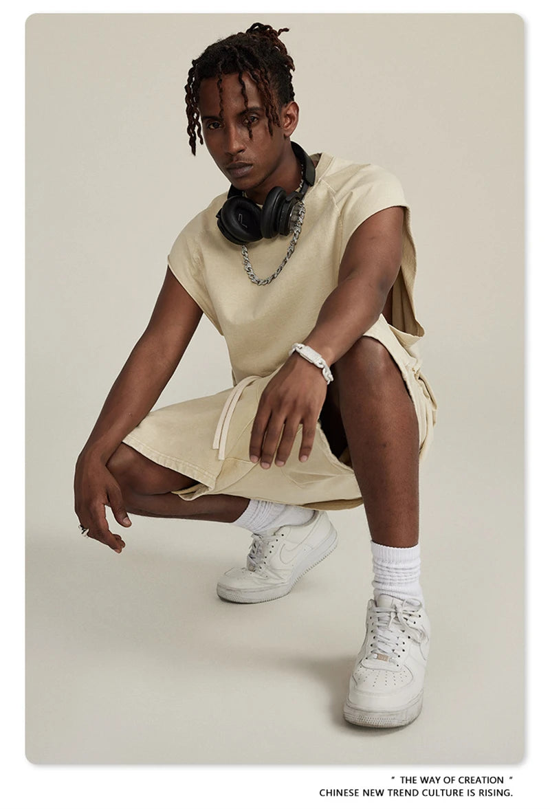 ZODF American Retro Men Washed Solid Tank Tops Women Unisex Loose Edge 275gsm Cotton Sleeveless Tees Brand Streetwears HY0503