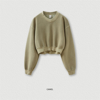 ZODF Winter Women Short Fleece Cropped Sweatshirts Girls Female Hip Hop Loose 400gsm V-Neck Pullovers Brand Tops HY0437