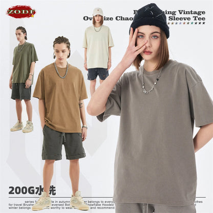 ZODF 2024 Summer Men 200gsm Washed Cotton Solid T Shirts Loose Unisex Male Casual Basic Comfortable T-Shirt Brand Tees HY0254