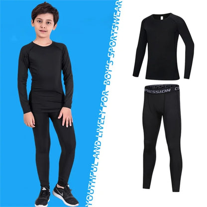 Kids Fitness Tracksuits Youth Warm Compression Pants and Tops Sportswear for Boys Running Basketball - Khaki