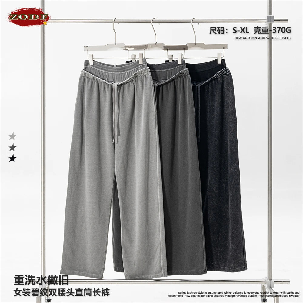 ZODF Retro Women Washed 370gsm Straight Pants Vintage Girls Female Loose Double Waist Wide Leg Cotton Trousers HY1150