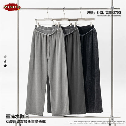 ZODF Retro Women Washed 370gsm Straight Pants Vintage Girls Female Loose Double Waist Wide Leg Cotton Trousers HY1150