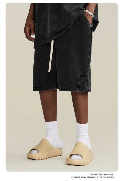 ZODF 2024 Summer Men 350gsm Washed Cotton Shorts Unisex Retro High Street Loose Side Slit Short Pants Streetwears HY0839