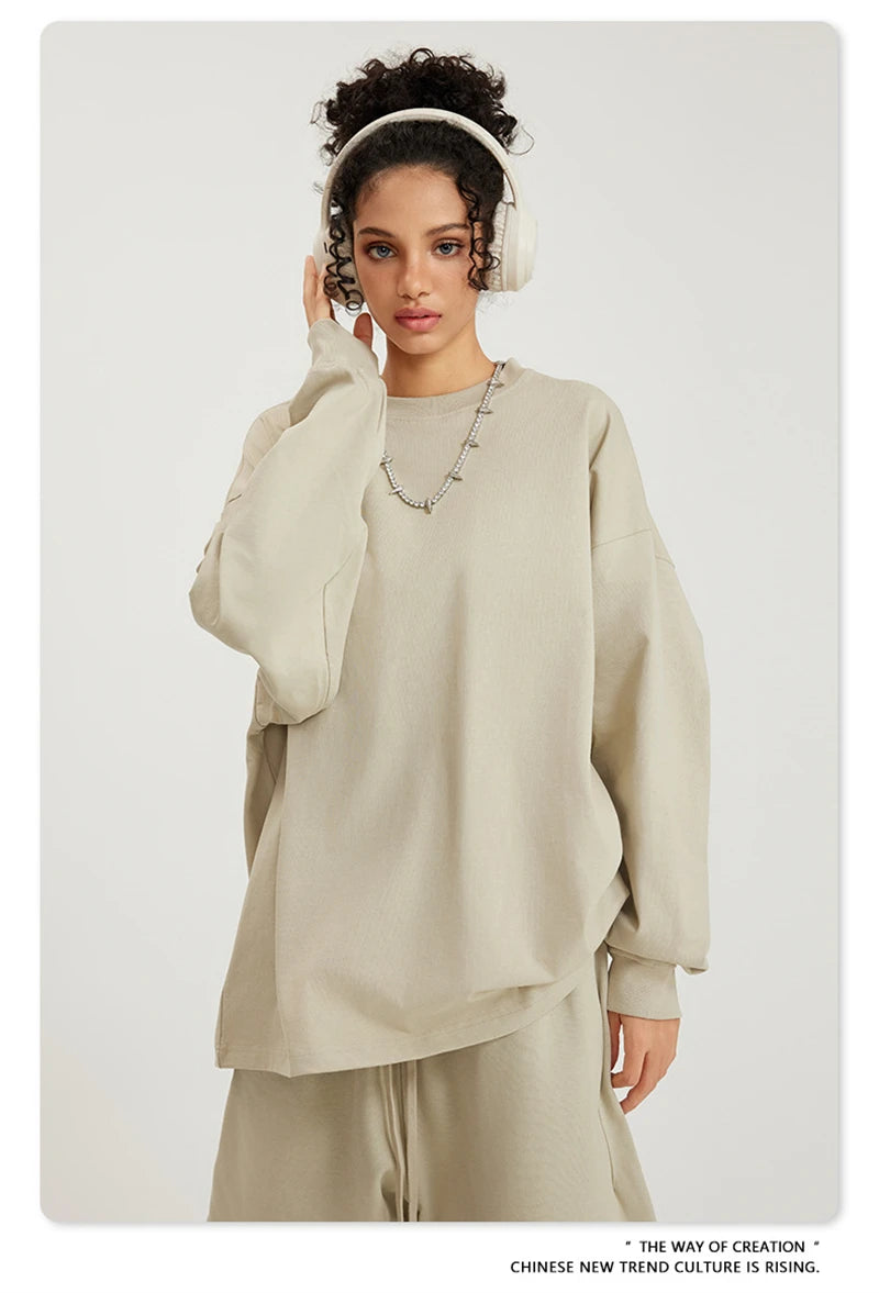 ZODF NEW Autumn Men's Solid Full Sleeve T Shirts Unisex Loose Oversized Casual 305GSM Cotton Basic T-Shirt Brand TEE HY0209