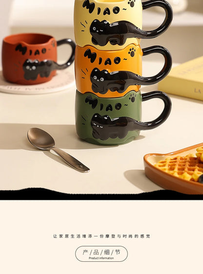 Cat Stacking Mug Creative Cute Cartoon Cat Ceramic Coffee Cup Fun Cat Tail Integrated Handle Cup Couple Water Cup Birthday Gift
