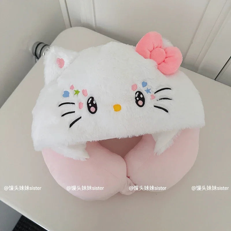 Kawaii Hello Kitty Neck Support Pillow with Hat Soft Plush Travel U-Shaped Pillow Nap Sleeping Cartoon Comfortable Journeys Girl