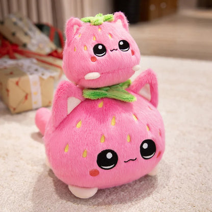 Kawaii Strawberry Cat Plush Toy Cute Pink Cat Stuffed Animal Cuddly Doll Soft Cartoon Plushies Birthday Gift for Girl Home Decor