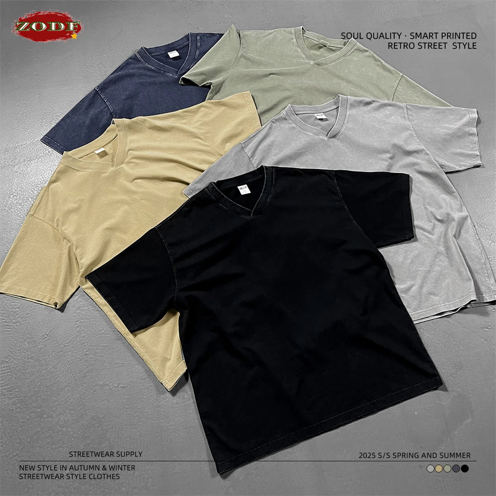 ZODF 2025 Men Summer 250gsm Batik Washed Cotton T-Shirts Retro Unisex Oversized V Neck Distressed T Shirt Brand Tees HY1067