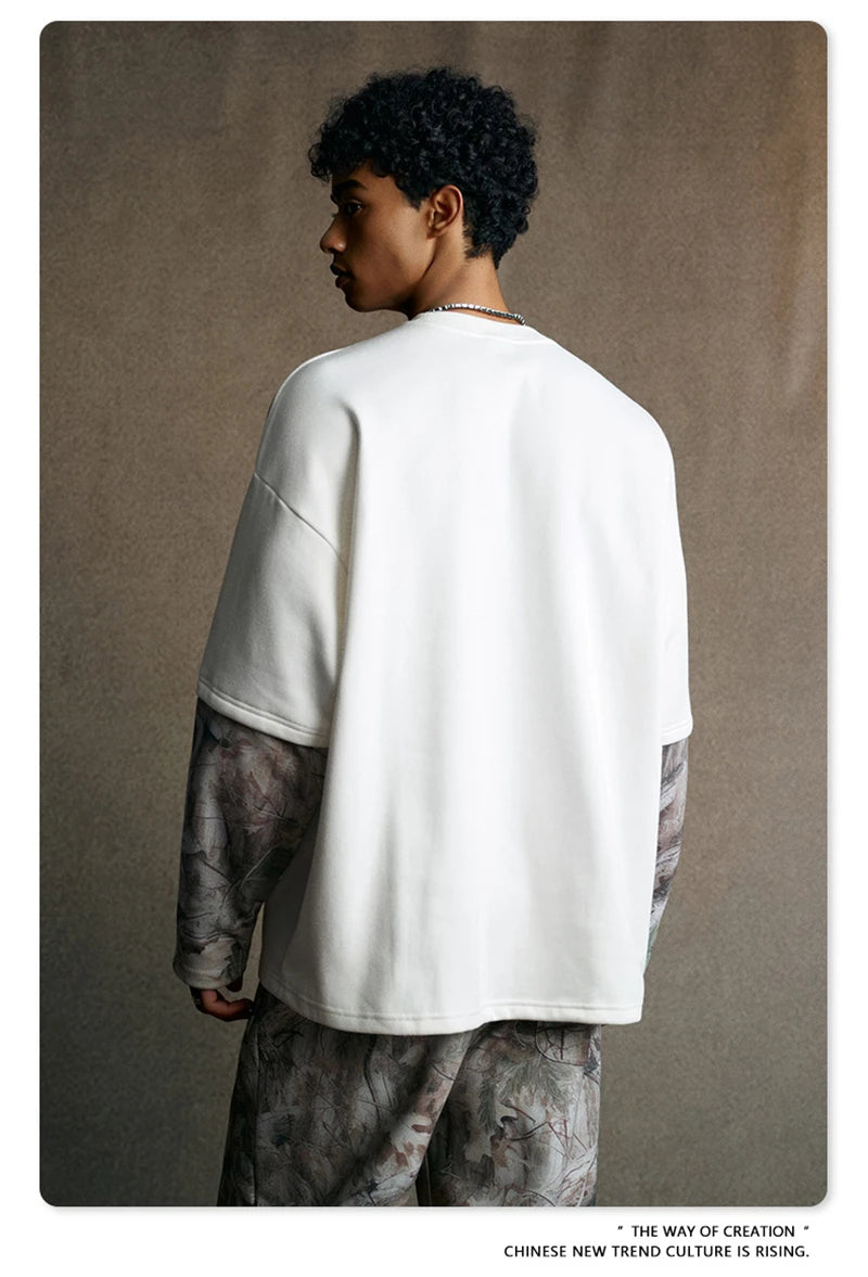 ZODF New Autumn Man Heat Transfer Printing T-Shirt Unisex Oversized 340gsm Fake 2-Piece Long Sleeve T Shirts Brand Tops HY1113