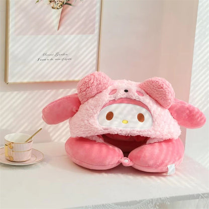 Stuffe Anime Hooded U-shaped Neck Pillow Hello Kitty Kuromi My Melody Travel Blackout Neck Pillow Office Nap Pillow Girl