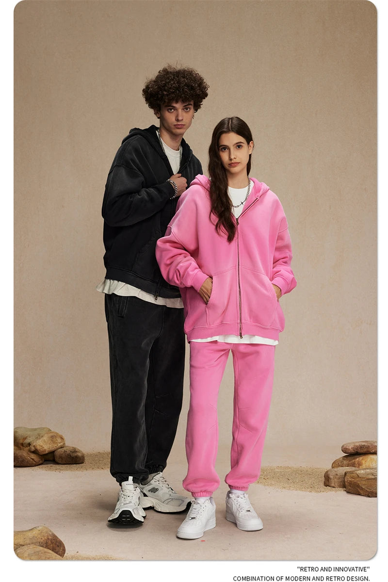 ZODF Retro Winter Men Spray-Dyed Zipper Hoodies Unisex Loose 360gsm Zipper Fleece Hooded Sweatshirt Pullovers Coats HY0719