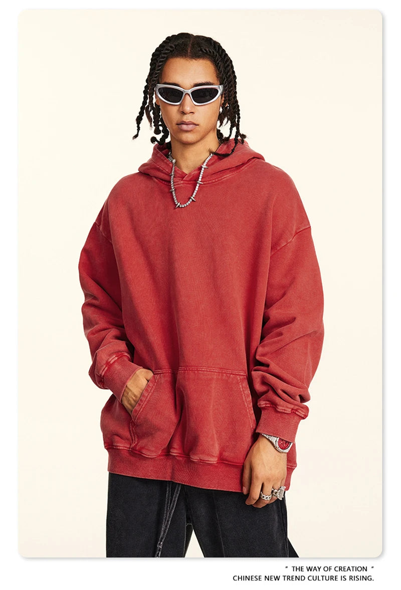 ZODF Retro Men Heavyweight Washed Cotton Hoodies Unisex Loose Thick 420gsm Hooded Sweatshirts Pullovers Coats HY0466