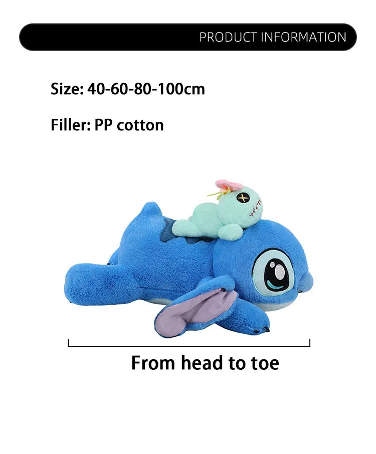 40-100cm Disney Lilo and Stitch Plush Stuffed Toys Cartoon Anime Plushie Lying Stich Doll Soft Pillow Xmas Birthday Gift for Kid