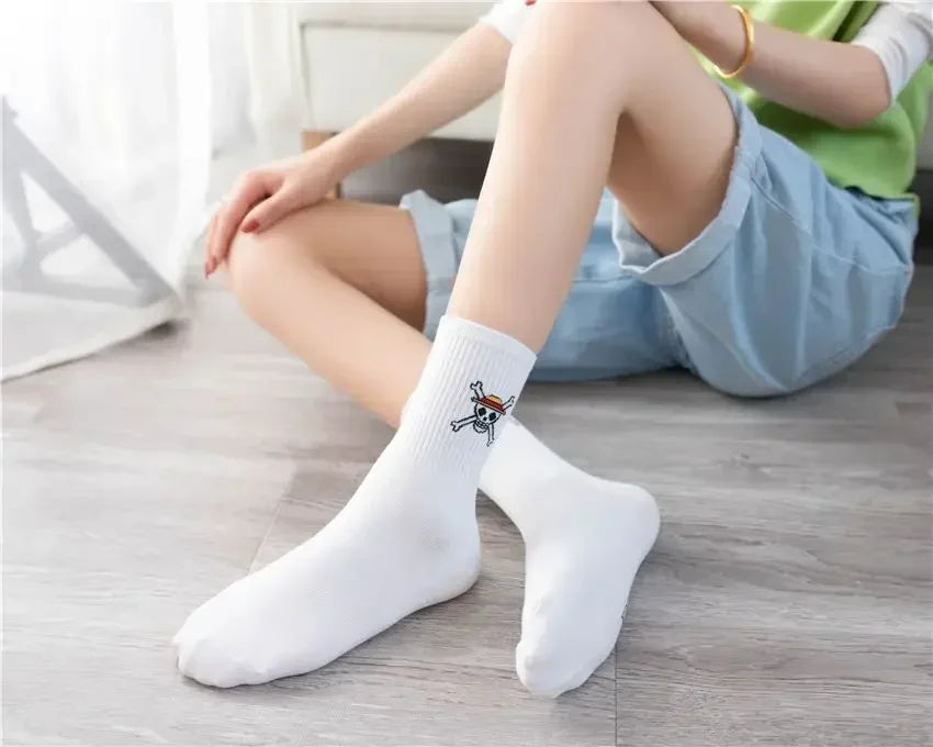 5Pair Anime One Piece Socks Cartoon Luffy Chopper Student Cotton White Long Short Boat Socks Printed Knitted Socks Children Gift