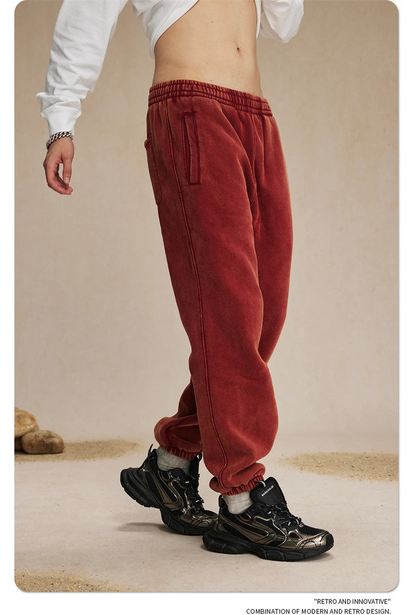 ZODF Retro Winter 360gsm Batik Washed Fleece Sweatpants Unisex Loose Drawstring Warm Joggers HY0714