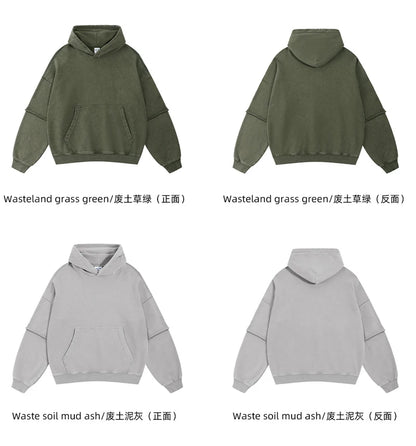 ZODF New Autumn Men's Washed Heavy Weight Cotton Hoodies Unisex Retro Fake 2 Peice 430gsm Loose Edge Hooded Pullovers HY1082