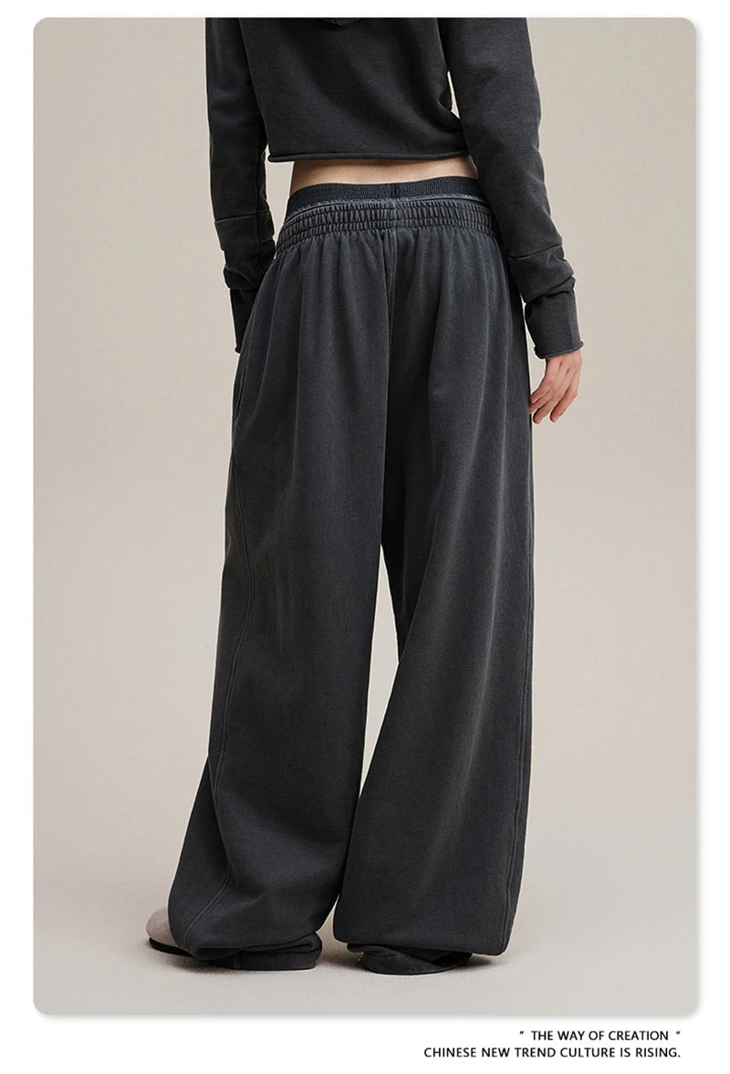 ZODF Retro Women Washed 370gsm Straight Pants Vintage Girls Female Loose Double Waist Wide Leg Cotton Trousers HY1150
