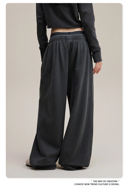 ZODF Retro Women Washed 370gsm Straight Pants Vintage Girls Female Loose Double Waist Wide Leg Cotton Trousers HY1150