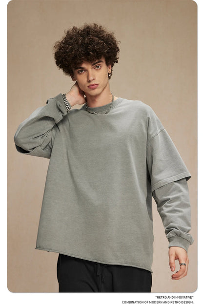 ZODF Retro Autumn Men Washed Cotton T-Shirts Unisex Loose Edge Fake 2-Piece 345gsm Full Sleeve O Neck T Shirt Brand Tops HY0928