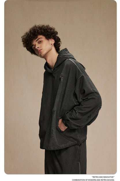 ZODF Vintage Winter Men Distressed 450gsm Hoodies Unisex High Street Ripped Holes Elastic Hem Hooded Pullovers Coat HY0932