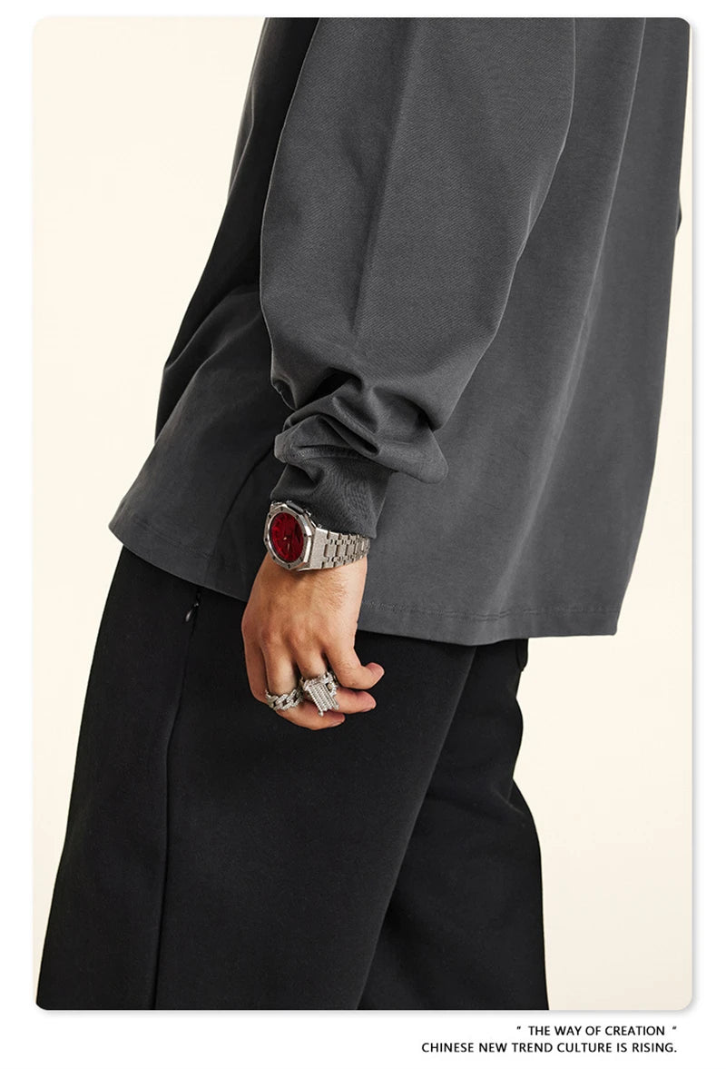 ZODF New 2024 Autumn 225gsm Loose Solid T-Shirt For Men Retro Unisex Antibacterial Full Sleeve T Shirts Brand Tops HY0871