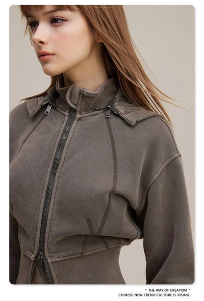 ZODF Vintage 2025 Winter Batik Washed Crop Hoodies Female Girls Remove Hood Heavy Weight Sport 400gsm Hooded Coat HY1085