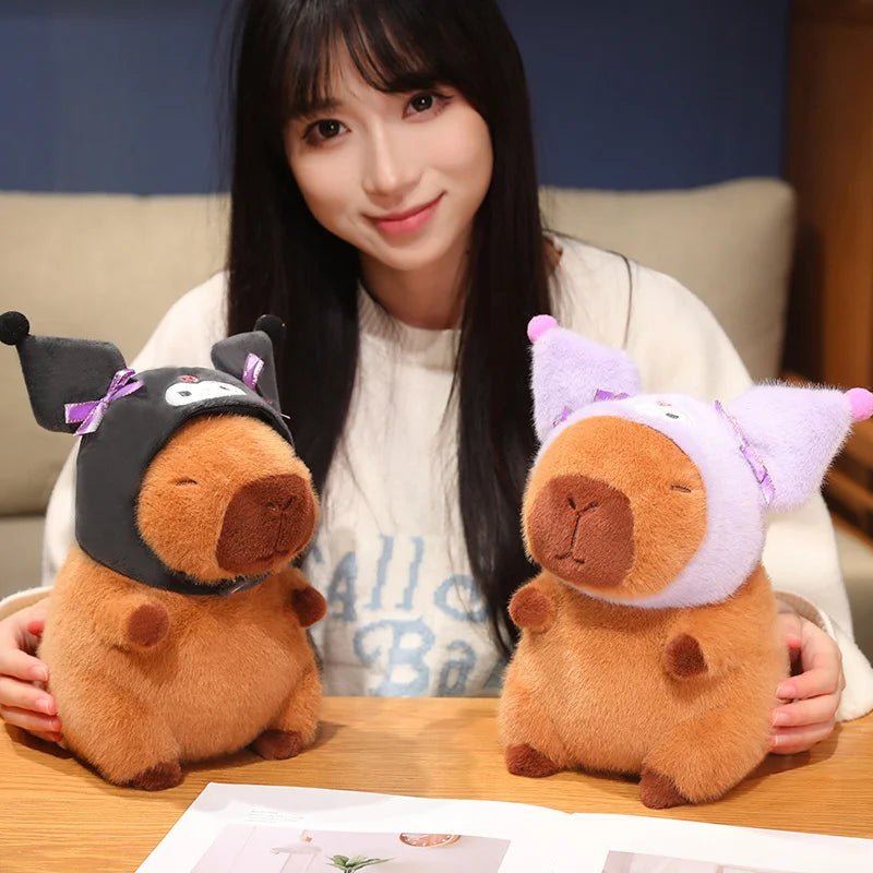 Capybara Soft Doll Cute Stuffed Capibara Anime With Pikachu Stitch Kuromi Hat Toy Kawaii Plushie Xmas Gift for Girl Friend