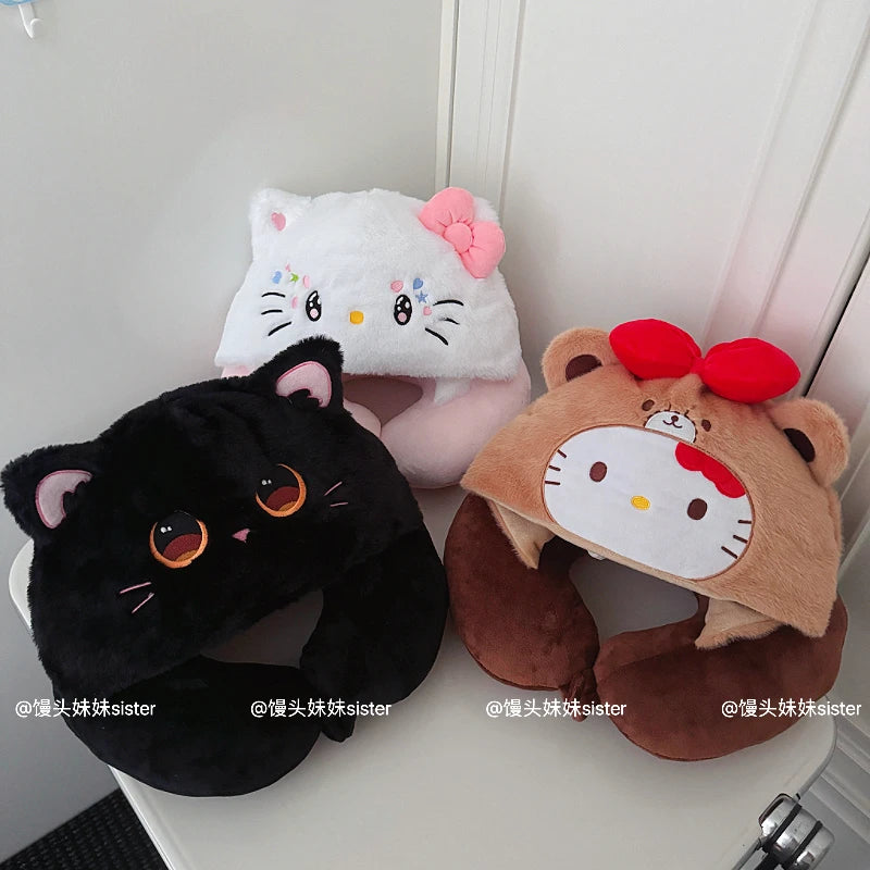 Kawaii Hello Kitty Neck Support Pillow with Hat Soft Plush Travel U-Shaped Pillow Nap Sleeping Cartoon Comfortable Journeys Girl