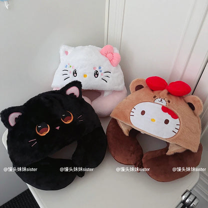 Kawaii Hello Kitty Neck Support Pillow with Hat Soft Plush Travel U-Shaped Pillow Nap Sleeping Cartoon Comfortable Journeys Girl
