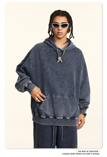 ZODF Retro Men Heavyweight Washed Cotton Hoodies Unisex Loose Thick 420gsm Hooded Sweatshirts Pullovers Coats HY0466