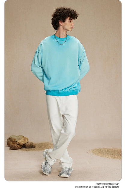 ZODF 2024 Autumn Men's Washed Sweatshirt Unisex Women Retro Solid 430gsm Terry Cotton O Neck Pullovers Coat HY0880