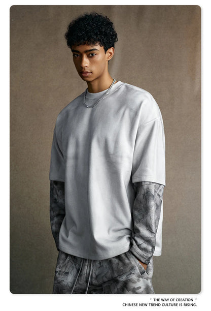 ZODF 2025 Autumn 340gsm Fake 2-Piece T-Shirt For Man Unisex Oversized Heat Transfer Printing Long Sleeve T Shirts Tee HY1151