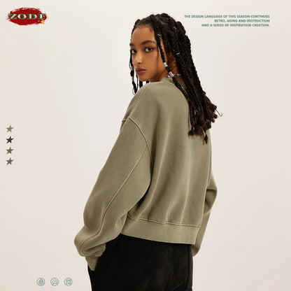 ZODF Winter Women Short Fleece Cropped Sweatshirts Girls Female Hip Hop Loose 400gsm V-Neck Pullovers Brand Tops HY0437