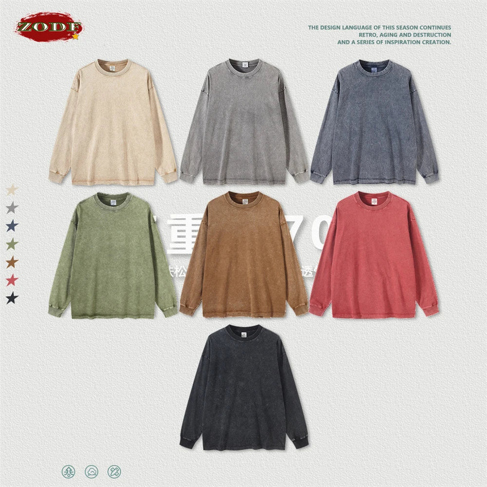 ZODF Retro 2025 Men Autumn Batik Washed T Shirt Unisex Oversized Basic Long Sleeve Solid 270gsm Cotton T-Shirts Tees HY0641